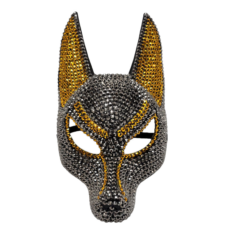 Sparkly Anubis Rhinestone Egyptian God Mask in Black Silver and Gray