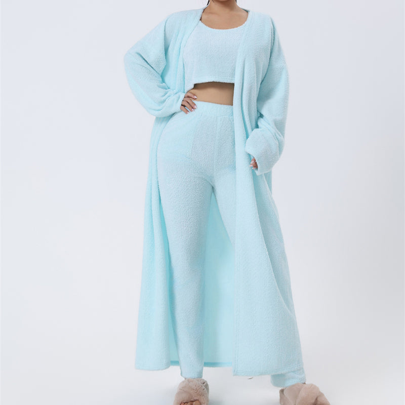 Women's 3-Piece Cozy Lounge Set Soft Knit Crop Top Wide-Leg Pants Cardigan
