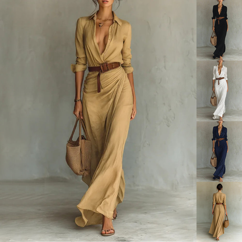 Irregular Long Dress With Belt Button Lapel Long Sleeve Shirt Dress